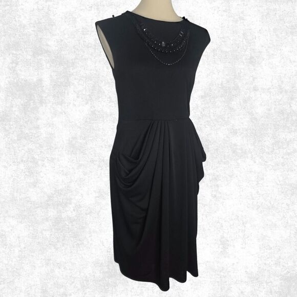 BCBGMAXAZRIA Black Draped Sheath Dress – M | Beaded Collar + Pockets | Luxe Glam - Picture 5 of 9